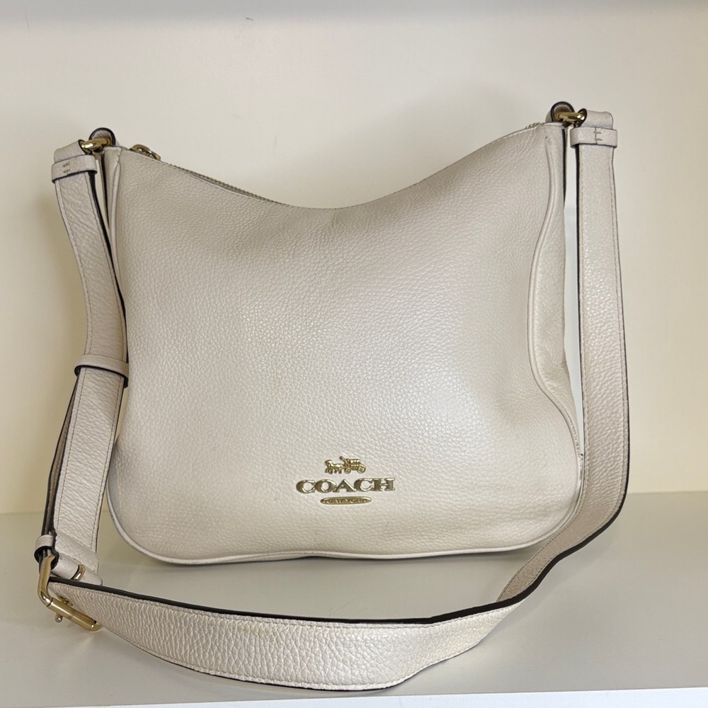 Coach Cream Pebbled Leather Shoulder Bag with Gold Logo